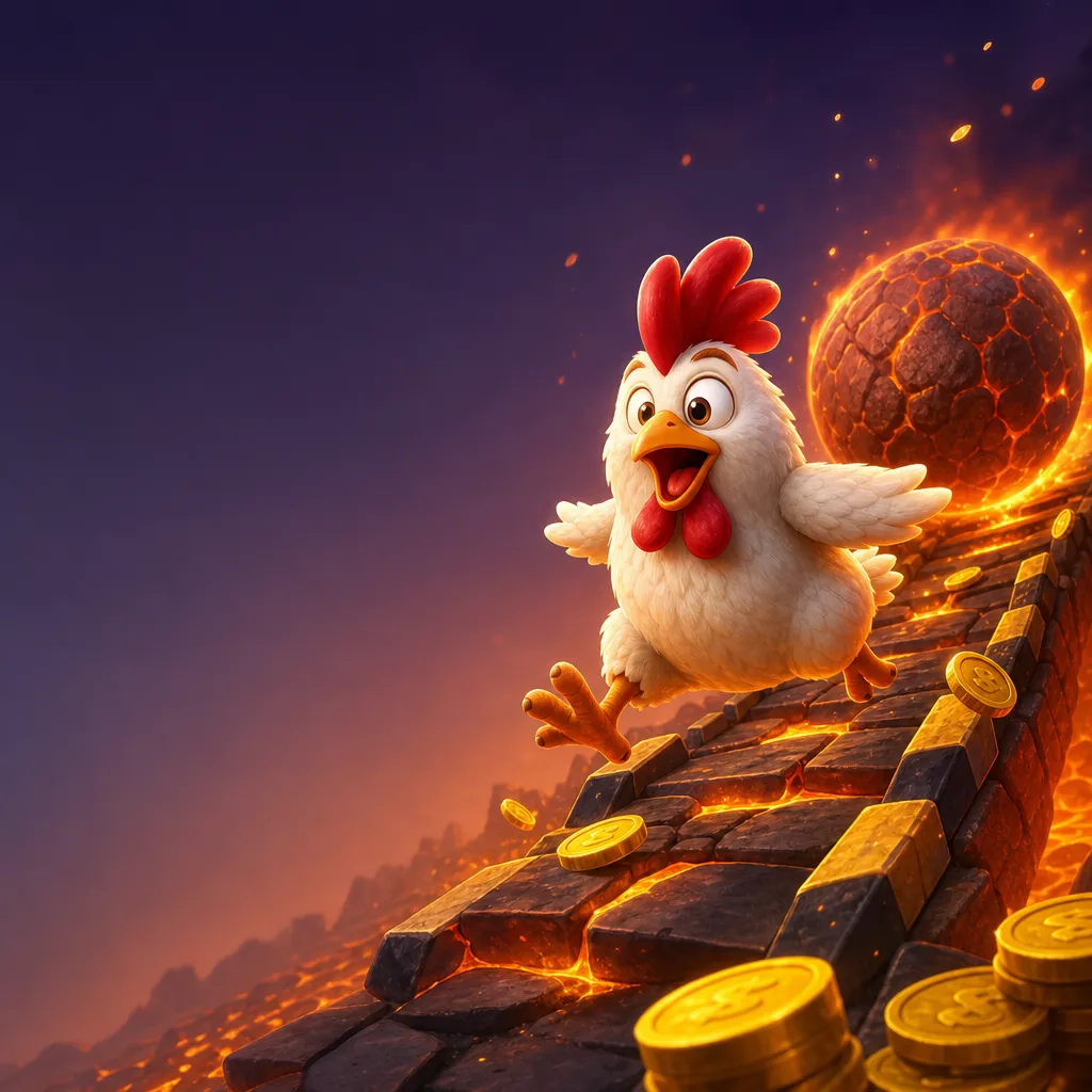 Illustration of a playful chicken-themed slot game with a winding road, dynamic backdrop and colorful game elements on the ri