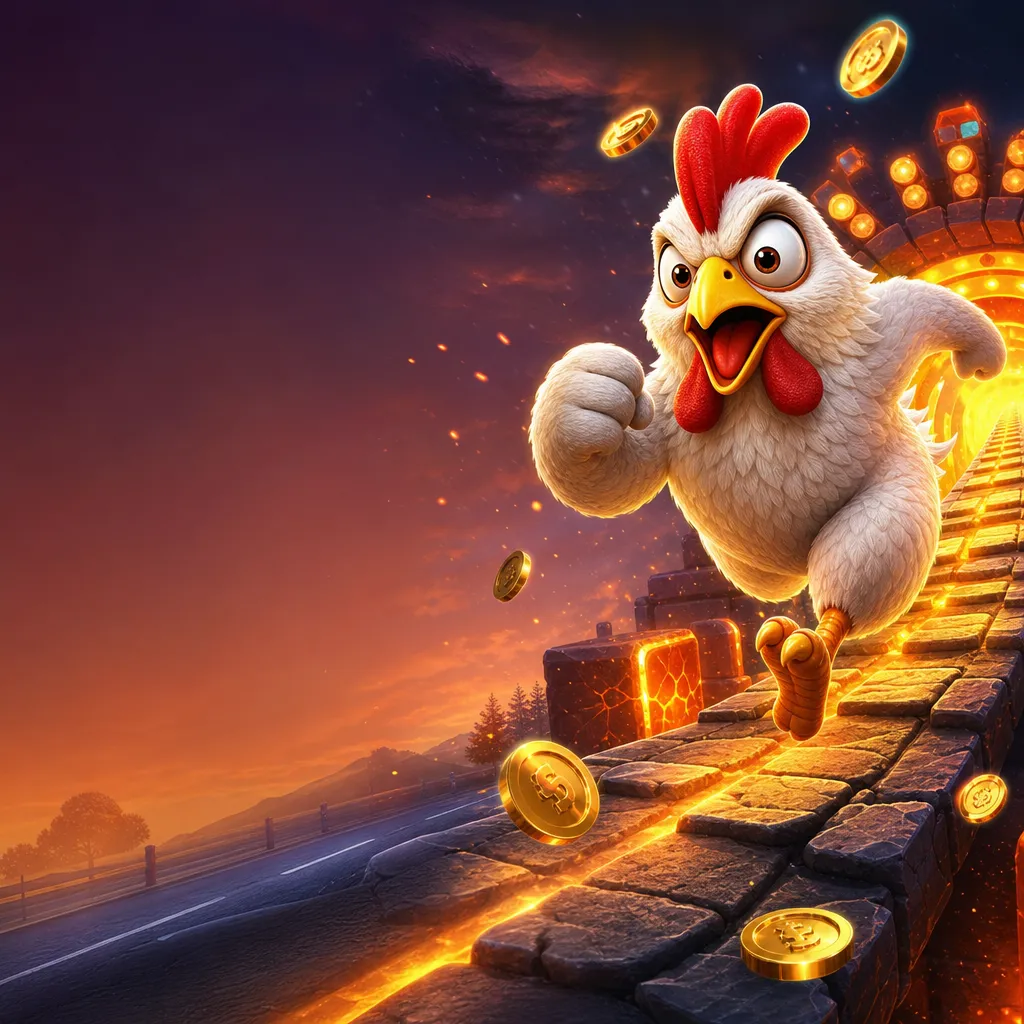 Illustration of a playful chicken crossing a road, evoking a fun casino game atmosphere with dynamic elements.